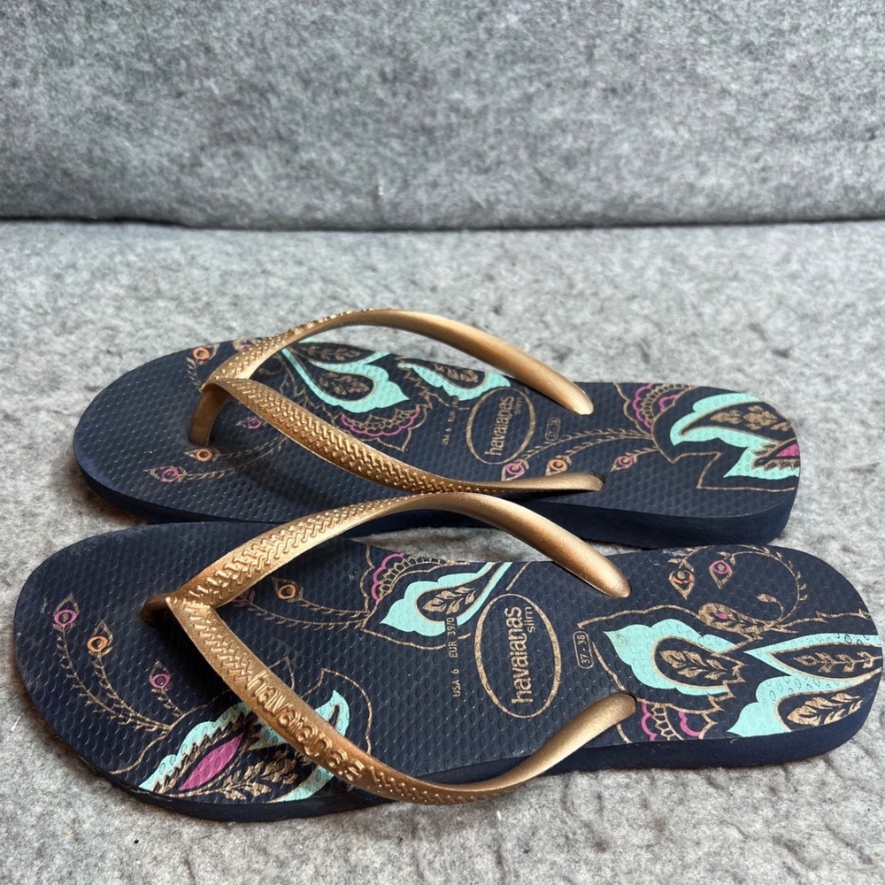 Havaianas Slim Flip Flops Navy Gold Paisley Floral Sandals USA 6/7 EUR 37/38